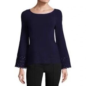 Ramy Brook Dianna Bell‑Sleeve Laser‑Cut Sweater ~XS Blue Knit Top